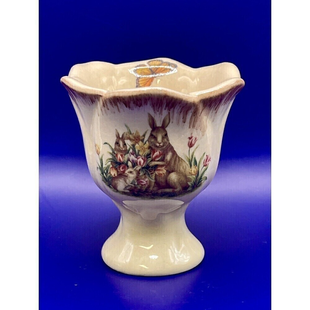 VTG. Egg Cup w/Bunnies and Florals and Butterfly inside Cup